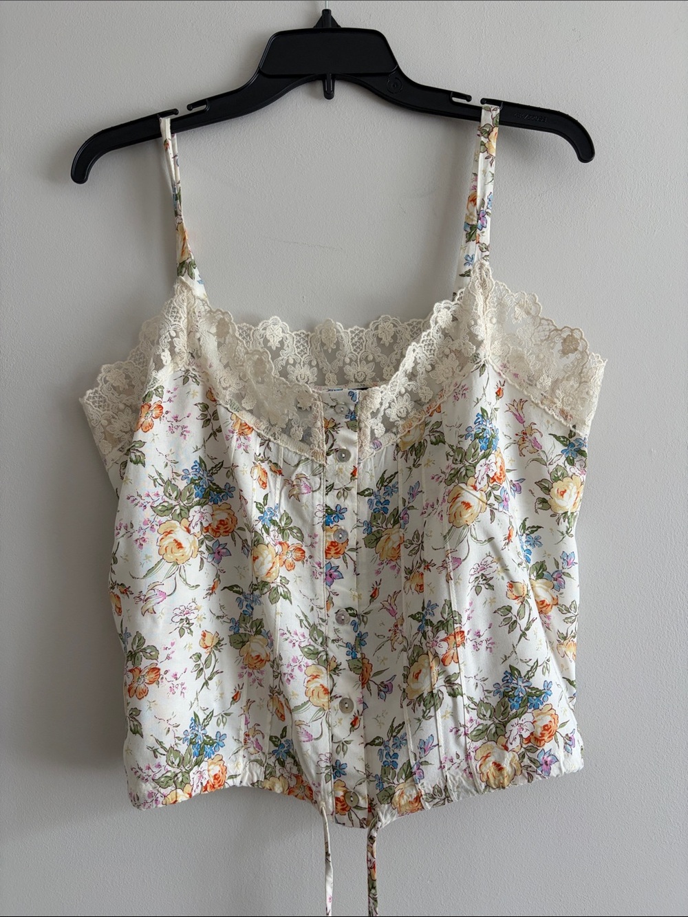 living doll Cream Floral Lace-Trim Button-Front Camisole
